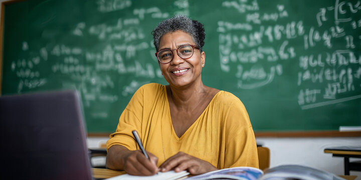 Smiling Black female teacher sitting at a desk in a classroom with a chalkboard background, writing in a notebook and using a laptop.
