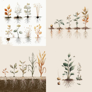 Botanical root system illustration showing plant growth stages with leaves stems and underground roots in natural watercolor style on beige background.