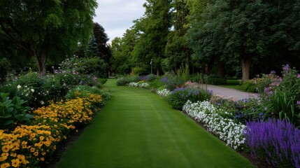Obraz premium Lush Suburban Garden Pathway with Hidden Irrigation and Vibrant Flower Beds
