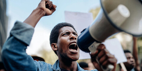 Young Black man shouting into a megaphone with raised fist during a protest for social justice and equality.