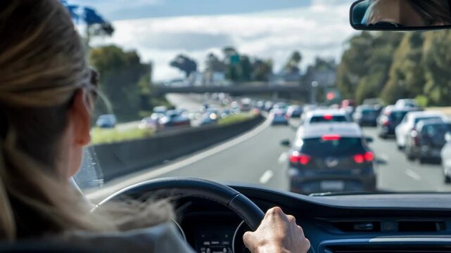 Learner driver attentively joining the highway through an onramp with surrounding traffic and nature out of focus in bright daylight.