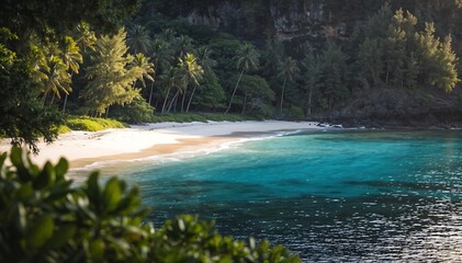 Serene tropical beach scene with lush greenery, turquoise water, and white sand in Hawaii, captured with natural lighting.
