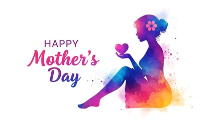 Obraz premium Watercolor happy mother's day background with silhouette and heart