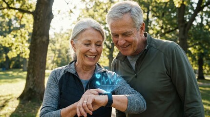Naklejka premium Smiling senior man and woman enjoying an outdoor walk in the park while checking the woman's wearable fitness tracker displaying vital signs and activity data