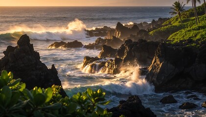 Serene rocky coastline with waves crashing against the shore at sunset in Hawaii, surrounded by lush greenery and palm trees on a rugged cliffside.
