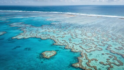 Aerial view of the Great Barrier Reef in Hawaii with vibrant turquoise waters and coral formations.