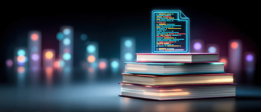 Futuristic ai agent hologram above book stack displaying digital data code