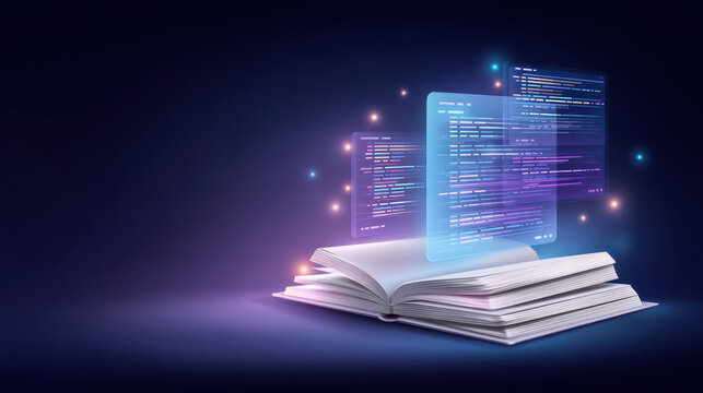 Futuristic open book projects digital ai agent code for smart technology learning