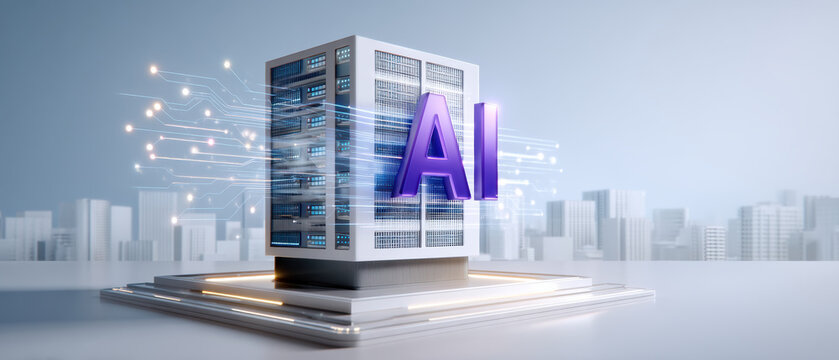 Futuristic ai server building hosting smart digital agent with glowing purple technology network