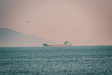 Cargo ship sailing on the Marmara Sea near Istanbul at sunset
