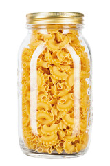 Dried macaroni cockerel scallops. Pasta in a glass jar isolated on a white background.