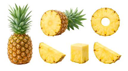 Fresh pineapple fruit collection with whole slices and chunks isolated, PNG with Transparent Background