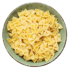 Raw farfalle pasta in a bowl isolated on white background. File Contains Clipping Path.