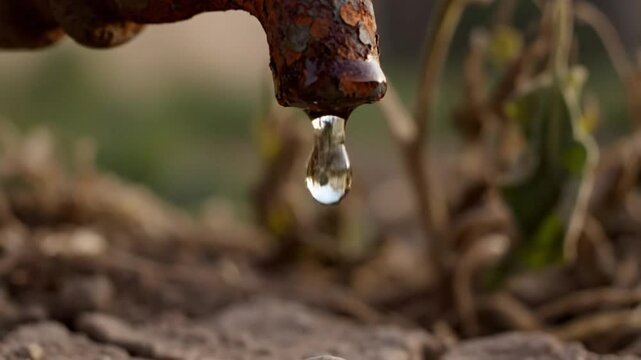 Close up view of water dripping from an old, rusted outdoor faucet with selective focus on the water