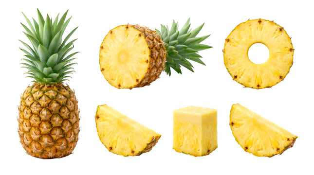 Fresh pineapple fruit collection with whole slices and chunks isolated, PNG with Transparent Background
