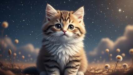 Obraz premium Adorable little orange kitten sitting in a field of flowers at night