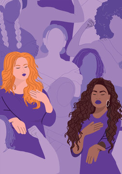 International Women's Day 2026 poster. Happy women with open palms giving gesture on abstract background of women silhouettes. Campaign - #GiveToGain. Feminism, female empowerment, equality, solidarit