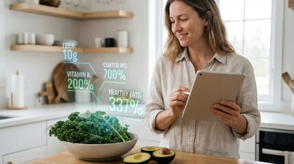 Woman standing in a modern kitchen using a digital tablet to view augmented reality nutritional information and tracking dietary intake of healthy vegetables