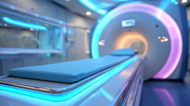 Medium shot featuring the brightly lit MRI gantry with a focus on the illuminated patient table designed for pediatric comfort background softly blurred.