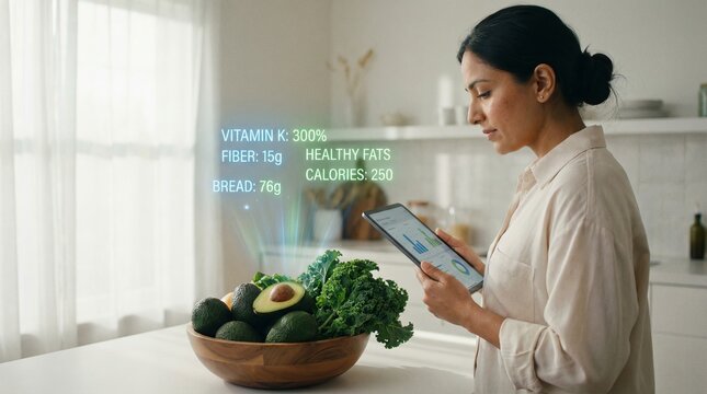 Woman in a modern kitchen using a digital tablet with augmented reality overlaying real time nutritional data and health information onto a bowl of fresh vegetables and fruits for diet management