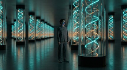 Person is standing calmly in a cutting edge, immersive scientific environment, surrounded by illuminated dna structures showcasing advancements in genetic research and biotechnology