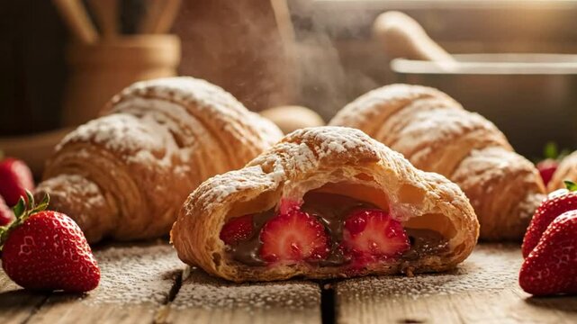 Delicious croissant stuffed with strawberries and chocolate, dusted with powdered sugar, on a rustic wooden table