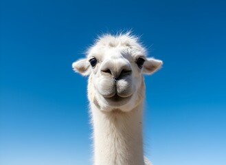 Obraz premium Curious White Llama with Expressive Eyes Symbolizing Friendliness, Nature, Animal Welfare, Agriculture