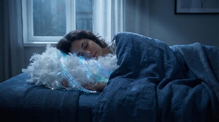 Woman peacefully sleeping in a quiet bedroom, cuddling a soft pillow adorned with colorful fiber optic lights, representing dreams, comfort, and good sleep