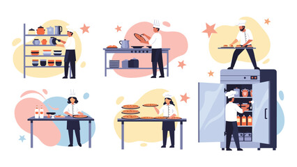 Fototapeta premium Skilled professional chefs working in a busy commercial kitchen preparing food baking and organizing supplies in various scenes.