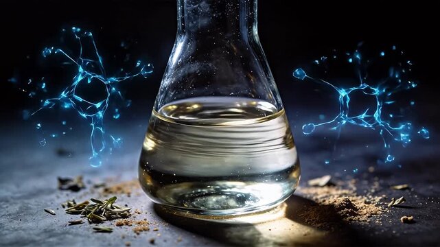Flask with liquid and molecular models