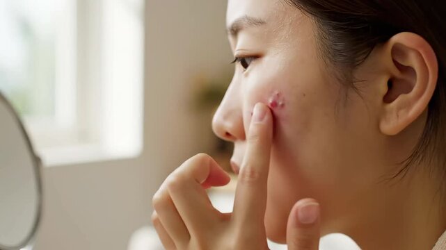 Asian woman carefully touching a painful hormonal acne breakout on her troubled facial skin indoors.