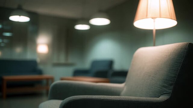 Therapy room lit by adjustable overhead lighting main seating area crisp and clear soft background bokeh blending shadows for calm evening feel.