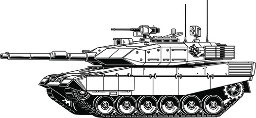 Black and white vector illustration of a modern military main battle tank with armored turret and heavy tracks on white. © Shain