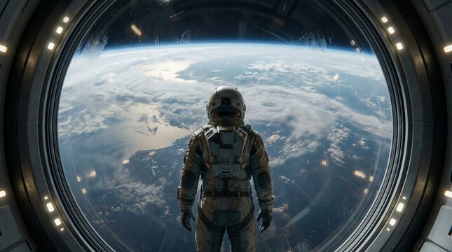 Astronaut in spacesuit standing with back to viewer, contemplating earth from a circular window aboard a space station or advanced spacecraft, symbolizing exploration, future, and discovery