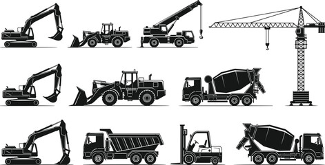 Collection of black silhouettes of heavy construction machinery including excavators cranes dump trucks cement mixers and forklifts on white background. © Shain