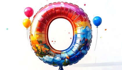 Colorful balloon in the shape of number zero with floating balloons.