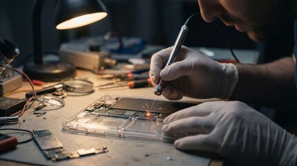Technician with gloves performing detailed work, utilizing a precision laser tool to repair or manufacture microelectronic components on an open circuit board on a workbench