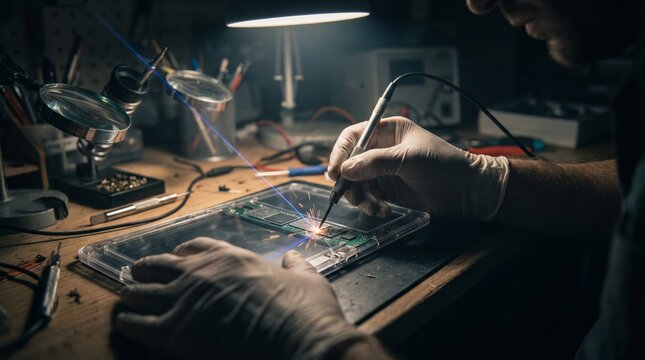 Skilled technician repairing a complex electronic device motherboard, carefully soldering components with specialized tools, highlighting precision and expertise in hardware maintenance - Powered by Adobe