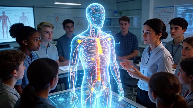 Teacher explaining human anatomy to students