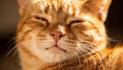 Close-up portrait of an orange tabby cat smiling calmly with squinted eyes against a dark background.