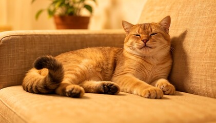 A smiling orange tabby cat lying on a beige couch with a plant in the background, conveying a calm and serene mood with warm tones.