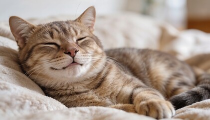 Close-up of a smiling cat lying on a soft blanket with eyes closed, conveying a relaxed and peaceful mood in a cozy indoor setting.