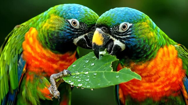 Two vibrant parrots holding a green leaf covered in water drops, colorful birds close-up. Nature's beauty in wildlife, colorful plumage.