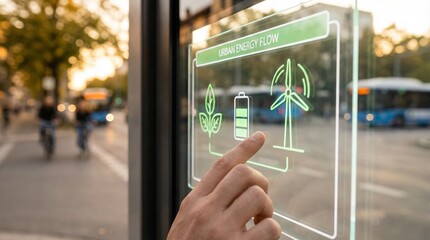 Finger touching a transparent smart screen displaying an urban energy flow infographic with renewable energy symbols like a plant, battery, and wind turbine in a city setting