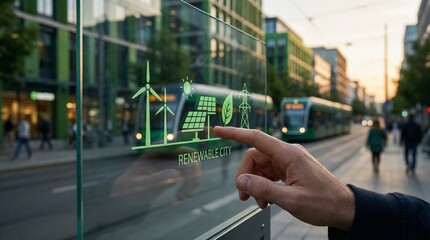 Human hand touches futuristic transparent display of green energy icons over a blurred modern city street with trams and eco buildings, symbolizing smart urban sustainability and clean tech