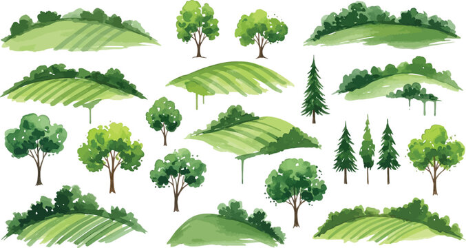 Collection of watercolor painted green landscape elements including rolling hills trees and stylized forest borders for nature design