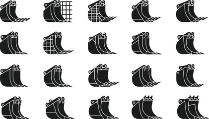 Set of black vector silhouettes showing various excavator bucket designs and digging attachments for heavy construction machinery on white background. © Shain