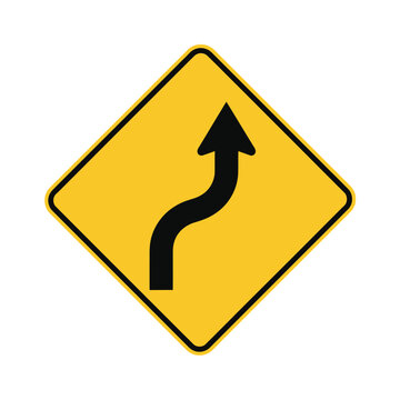 Diamond shaped yellow traffic sign indicating a winding road ahead with a double curve symbol