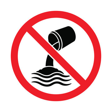 Prohibition sign indicating no dumping of waste into water bodies with clear prohibition symbol