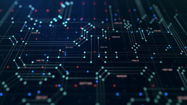 Futuristic control panel or circuit board with traces, reflections in the background. Connections and signal lights. Conductor path, data processing, LED or diode light, technology, sciences.